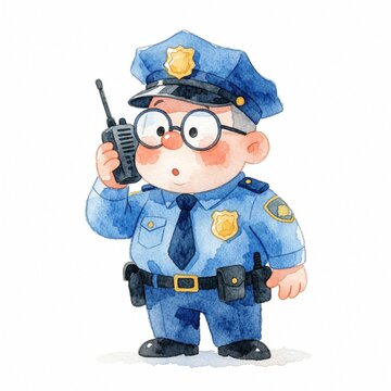 Cute watercolor police officer character in blue uniform talks on walkie talkie radio. Friendly law enforcement policeman with glasses, badge stands isolated on white background. Whimsical cartoon