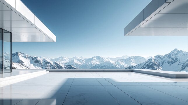 Modern minimalist building terrace with wide panorama view of snow covered mountain peaks. Luxury architecture features clean lines, large glass walls. Empty outdoor space offers peaceful zen