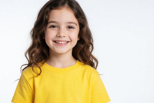 Cute smiling girl age nine wears plain yellow t-shirt. Happy young schoolgirl looks at camera with joy in studio. Portrait of cheerful child on white background with copy space for text. Adorable kid