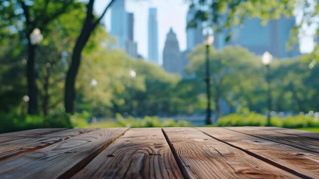 Rustic Wooden Table with Blurred City Park and Skyline Background