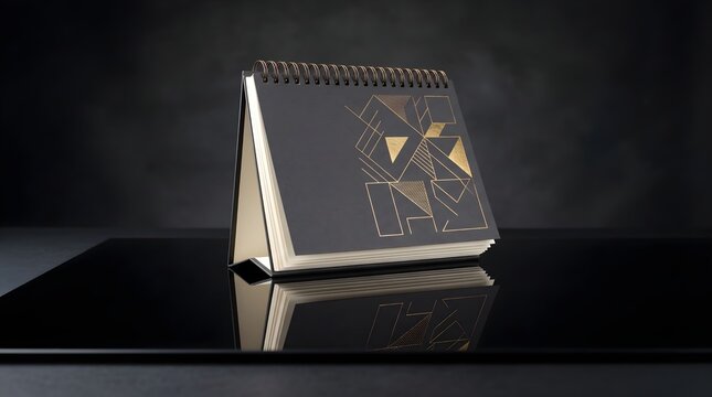 Elegant desk calendar with geometric design on black background, perfect for modern offices