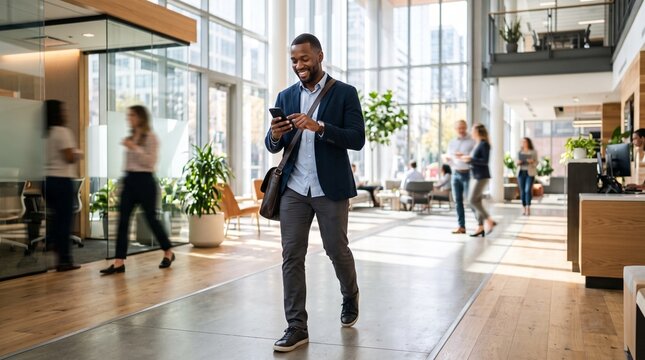 Smiling Black Man Walking in Modern Office Lobby Using Smartphone