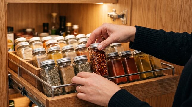 Woman selecting a jar of red pepper flakes from a well organized wooden spice rack in a kitchen cabinet