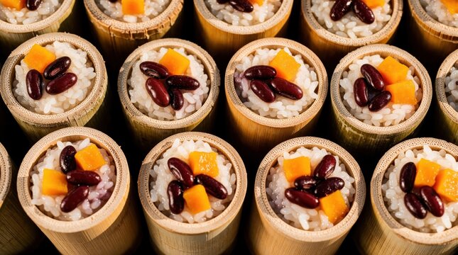 Traditional Thai dessert Khao Lam served in bamboo tubes. Sweet glutinous rice with red beans, pumpkin pieces inside natural wood containers. Close up top view of organic coconut milk rice snack