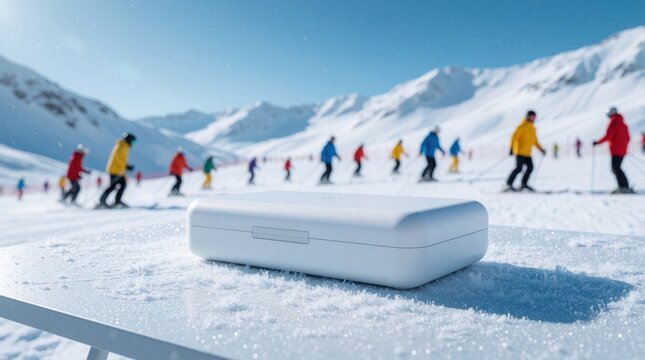 White rectangular tech case sits on snow covered table. Blurred skiers in colorful winter jackets enjoy mountain sports on sunny day. landscape background with bright sunlight, snowy slopes.