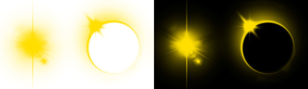 Glowing yellow solar eclipse and bright star burst graphic vector design elements isolated on transparent background
