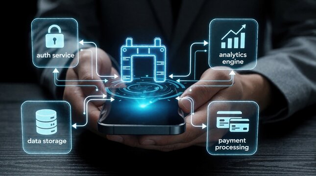 Businessman holds smartphone with futuristic digital interface. Glowing icons show auth service, data storage, analytics engine, payment processing via federated API gateway. Advanced mobile tech