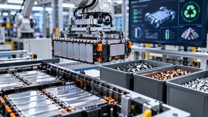 Clean industrial facility showcasing electric vehicle battery recycling with sorted modules and robotic handling, emphasizing circular recovery of critical materials and