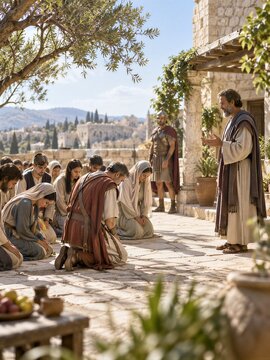 Cornelius and His Household Kneeling Before Apostle Peter in an Ancient Roman Setting.