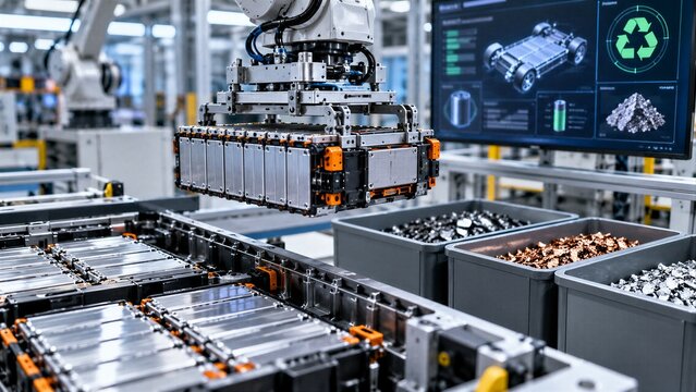 Clean industrial facility showcasing electric vehicle battery recycling with sorted modules and robotic handling, emphasizing circular recovery of critical materials and