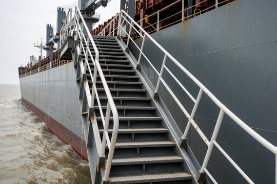 Metal gangway with white handrails connects large cargo ship to dock. Steel stairs provide access to massive grey vessel in industrial port. Rusty maritime equipment sits near ocean water. Heavy
