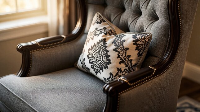 Luxury grey armchair with elegant damask pattern pillow in upscale senior living facility. Refined interior design of modern retirement home features premium furniture, cozy decor. High end