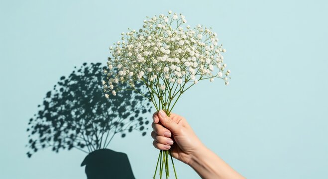 Hand Holding a Bouquet of Baby'S Breath on Light Blue Background