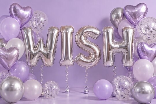 WISH Silver Foil Balloons on Lavender Celebration Background
