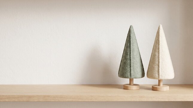 Minimal felt Christmas trees on wooden shelf with copy space