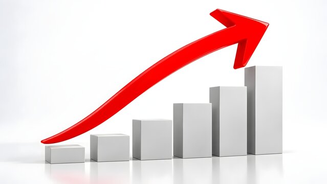 Red arrow curves upwards over gray bar chart symbolizing financial growth success and positive economic trends on a clean white background.