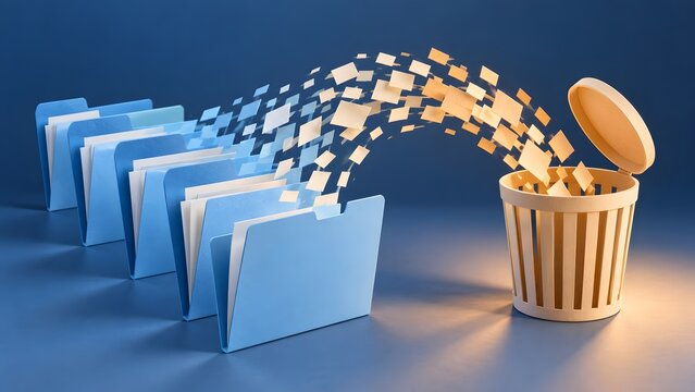 Digital data transformation from organized folders to abstract particles flying into a trash can representing data deletion or archiving