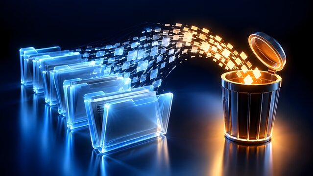 Digital data files being deleted or trashed from transparent glowing folders into a glowing trash can abstract technology concept