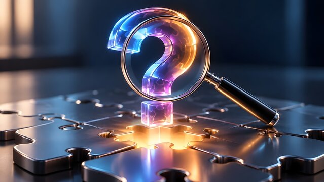 Magnifying glass examining a glowing question mark symbol emerging from a metallic puzzle symbolizing mystery research and problem solving with colorful light effects.