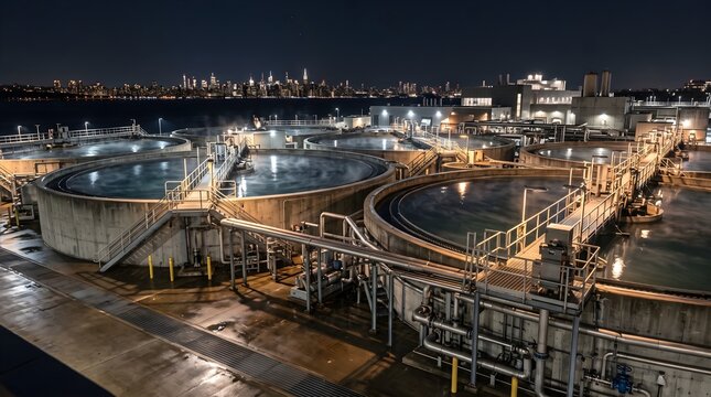 Wastewater treatment plant operating at night with circular clarifier tanks illuminated by lights against a city skyline