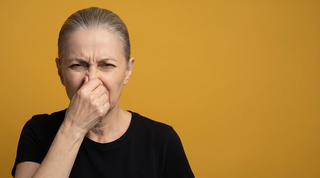 Mature woman showing disgusted expression while holding her nose against a yellow studio background with copy space