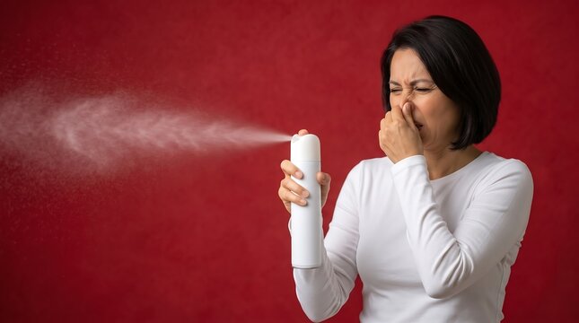 Asian woman pinching her nose in disgust while spraying an aerosol can against a red background