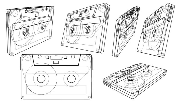 Retro Cassette Tape Blueprint Wireframe Illustration Showing Multiple Angles of Analog Audio Design