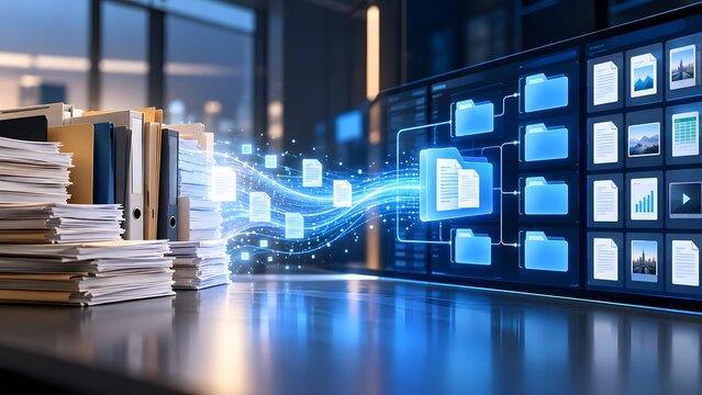 Physical document stacks transferring into large digital screen interface showing structured file management system and glowing data stream