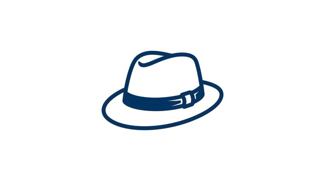 Dark blue line art illustration of a classic fedora hat with a ribbon and buckle, isolated on a clean white background