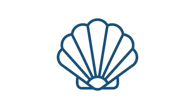 Minimalist blue line art icon of a scallop seashell isolated on a white background, perfect for marine, beach, or summer themed designs