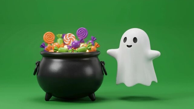 Cute Halloween 3D animation video of a friendly little ghost hovering beside a black cauldron filled with colorful candies and sweets against a green screen background.