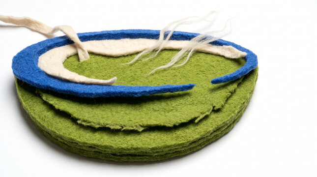 Felt decorative bowl in green and blue with natural fibers  