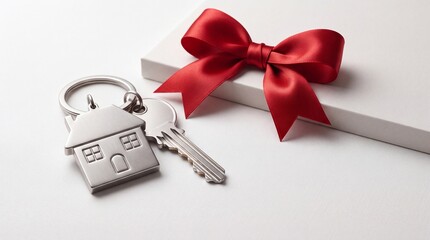 Obraz premium House keys with a house-shaped silver keychain placed next to a white gift box with a red ribbon bow, representing real estate investment, home ownership, mortgage approval, or a housewarming gift.