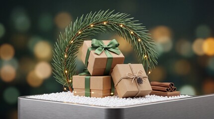Obraz premium Cozy Christmas Atmospheric Still Life with Brown Kraft Gift Boxes, Fir Tree Branch Decorated with Fairy Lights, and Cinnamon Sticks on Artificial Snow Against Dark Green Bokeh Background