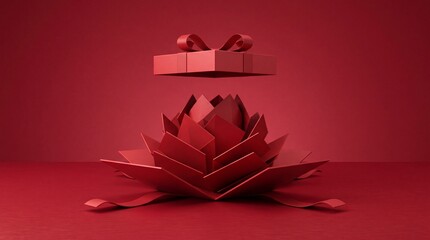 Obraz premium Monochromatic Red Surprise Gift Box Unfolding Like a Lotus Flower with Floating Lid and Ribbon, Elegant Concept for Celebration, Valentine's Day, Christmas, and Special Holiday Occasions