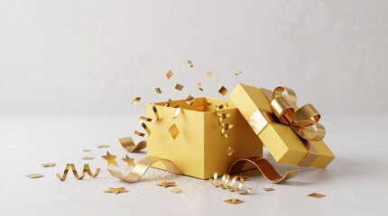 Obraz premium Festive Surprise Concept Featuring an Open Yellow Gift Box with Flying Golden Confetti, Ribbons, and Stars over a Neutral Background, Ideal for Birthday, Anniversary, and Holiday Celebrations