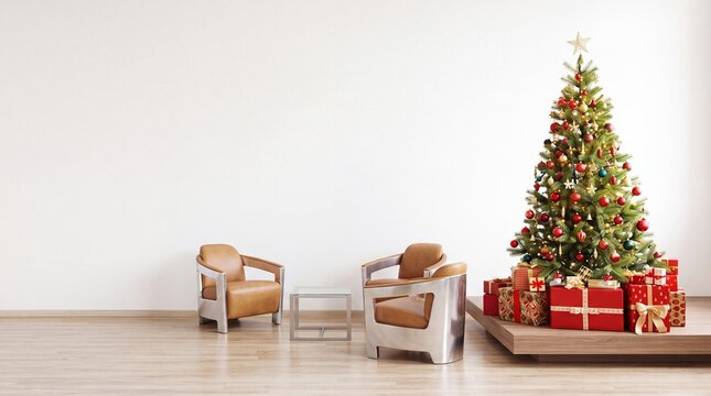 Modern Living Room Interior with Decorated Christmas Tree, Festive Gift Boxes, and Elegant Leather Armchairs against a Minimalist White Wall Background