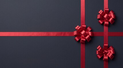 Obraz premium Elegant Red Satin Ribbons and Three Bows Arranged on a Dark Black Background, Top View Flat Lay Composition for Gift Wrapping, Christmas, Valentine's Day, Anniversary, or Luxury Celebration Concept.