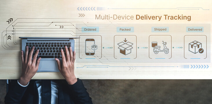 Hands typing on a laptop showcasing a digital delivery tracking system with icons representing the stages of order fulfillment and enhancing logistics efficiency through technology. Nascent