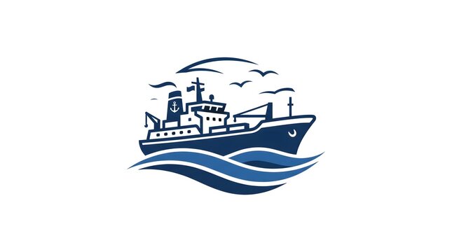 Vector illustration of a large cargo ship sailing on ocean waves with seagulls flying in the sky, stylized maritime logo design