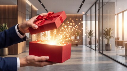 Obraz premium Professional businessman in a suit opening a red gift box with glowing light and magic sparkles inside a modern office interior, concept of corporate rewards, employee appreciation and success.