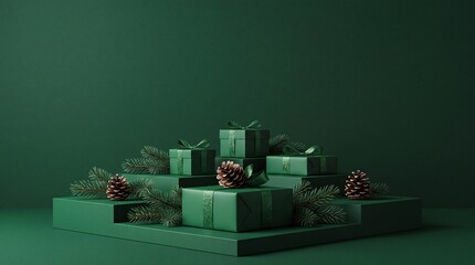 Obraz premium Elegant Monochromatic Green Christmas Display Featuring Luxury Gift Boxes Wrapped in Ribbons with Pine Cones and Evergreen Branches on a Tiered Podium for Winter Holiday Celebration and Marketing