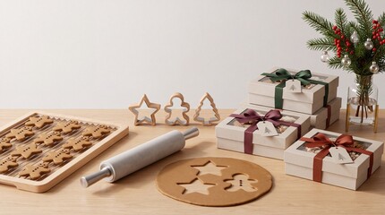 Obraz premium Christmas Holiday Baking Concept with Homemade Gingerbread Cookies on a Cooling Rack, Raw Dough, Cookie Cutters, and Wrapped Gift Boxes with Ribbons on a Wooden Table for Seasonal Celebration