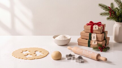 Obraz premium Festive Christmas baking scene featuring gingerbread dough with cutouts, rolling pin, flour, and stacked brown gift boxes with ribbons on a clean white table for holiday food preparation.