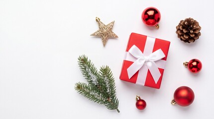 Obraz premium Festive flat lay composition featuring a red gift box with white ribbon bow surrounded by Christmas ornaments, red baubles, golden star, pine cone, and fir branch on a clean white background.