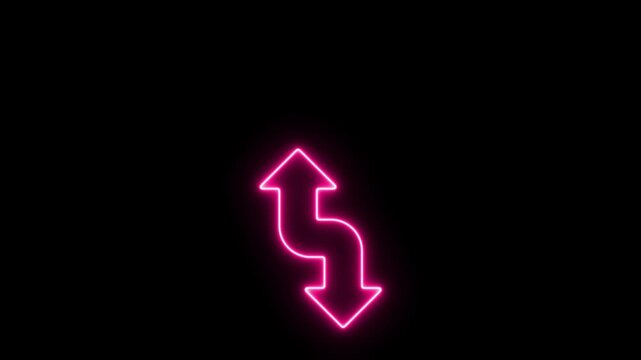 Neon pink s-shaped double arrow sign glowing on black background, for directional ui, and motion