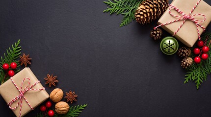 Obraz premium Festive Christmas Holiday Flat Lay Composition with Gift Boxes in Craft Paper, Pine Branches, Cones, Walnuts, Star Anise, and Red Berries on Dark Textured Background with Copyspace for Greeting Text