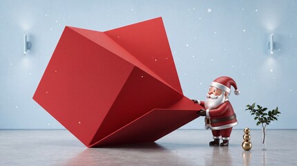 Obraz premium 3D Render Illustration of a Cute Miniature Santa Claus Character Holding and Opening a Giant Red Abstract Geometric Shape or Modern Gift Box in a Minimalist Room with Falling Snow and Decorations