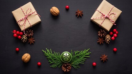 Obraz premium Top view of a cozy Christmas atmosphere flat lay featuring rustic wrapped gift boxes, red berries, star anise, pine cones, and green cedar branches on a dark black wooden table with copy space.