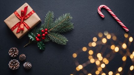 Obraz premium Christmas Composition with Gift Box, Fir Branch, Red Holly Berries, Pine Cones, and Candy Cane on Dark Textured Background with Golden Bokeh Lights, Elegant Festive Holiday Atmosphere Flat Lay